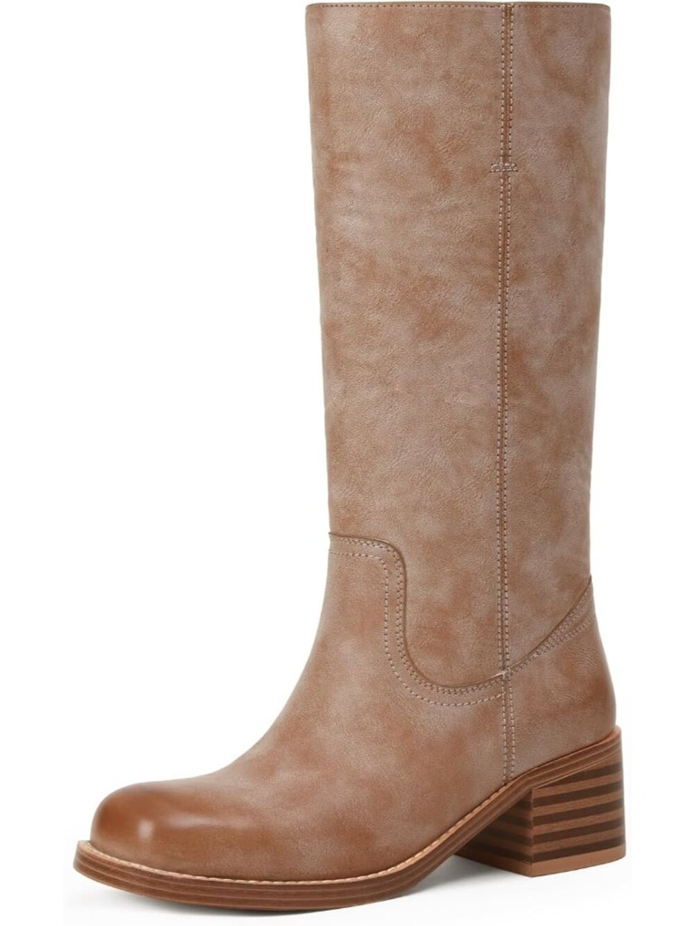 🆕Women's Tan Mid Calf Boots Chunky Block Low Heel Square Toe Comfortable